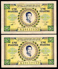 LOT 2 PCS FRENCH INDOCHINA 1 PIASTRE 1953 P.104 Continuous serial number