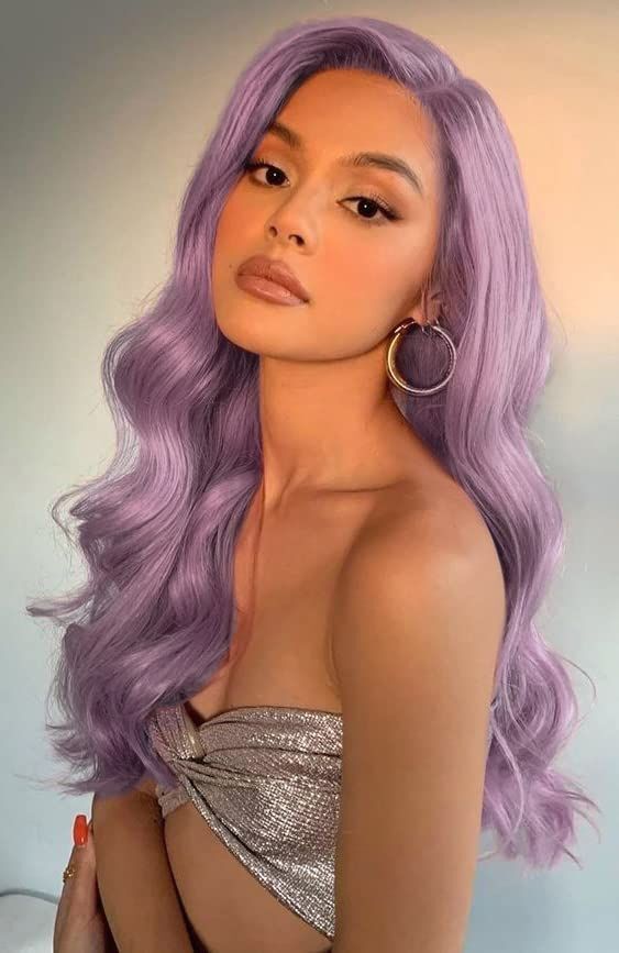 Light Purple Long Curly Lace Front Wig with Pre Plucked Body Wave