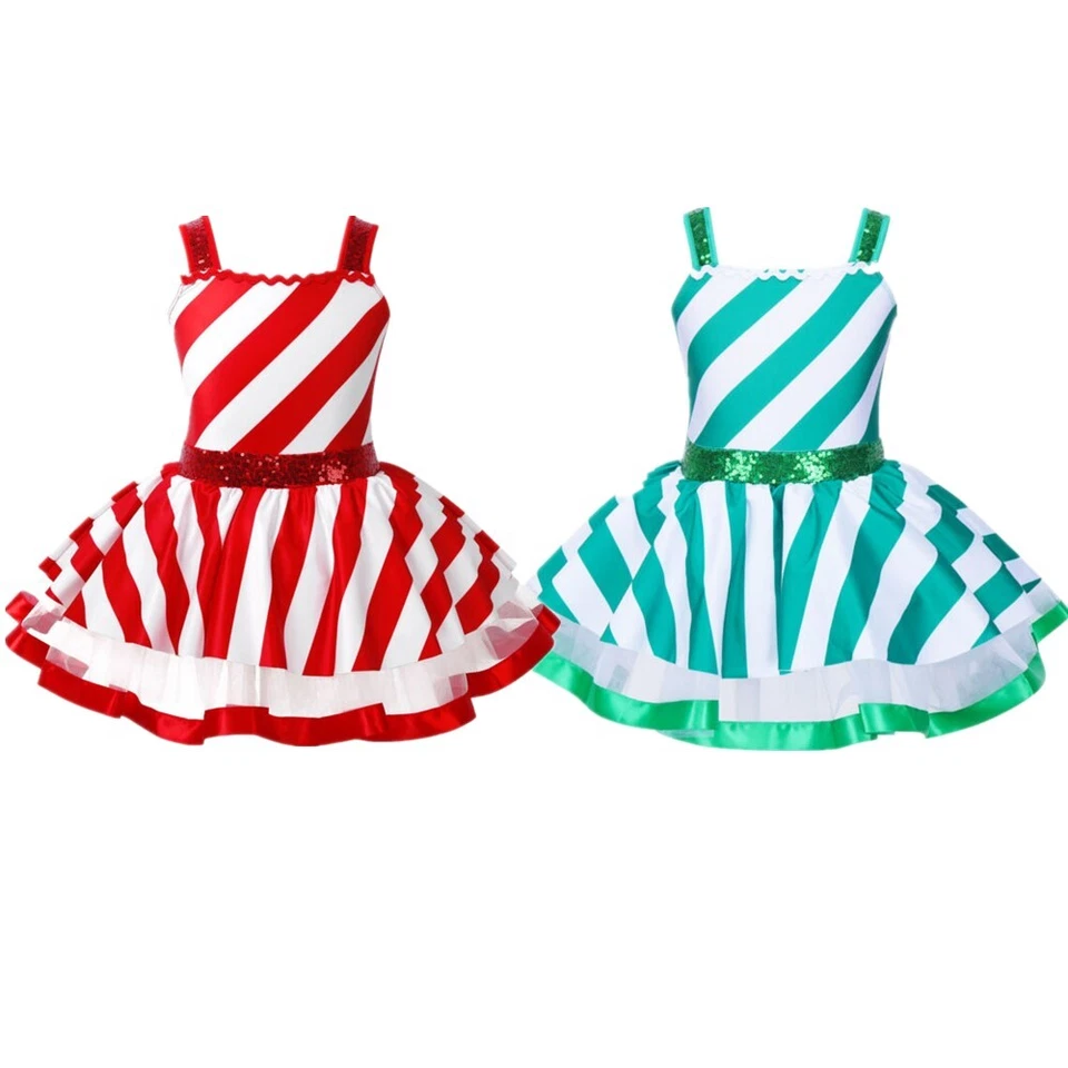 Niños Niñas Fiesta de Navidad Tutú Vestido Bastón de Caramelo Rayas Lentejuelas Leotardo Vestido Foto 3 de 4