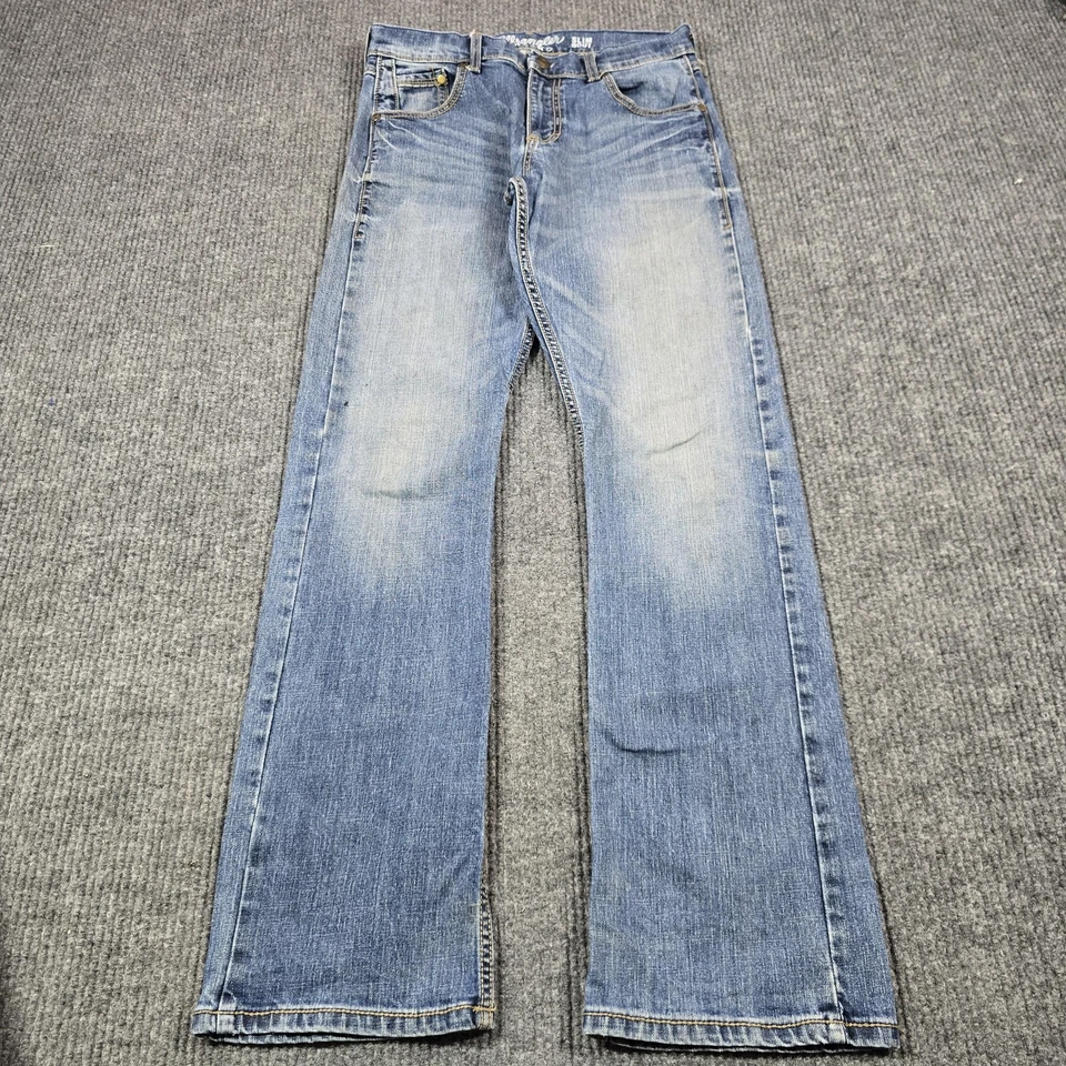 Pantalones de mezclilla Wrangler retro ajustados para hombre 30x34 azul elástico corte bootcut occidental Foto 2 de 4
