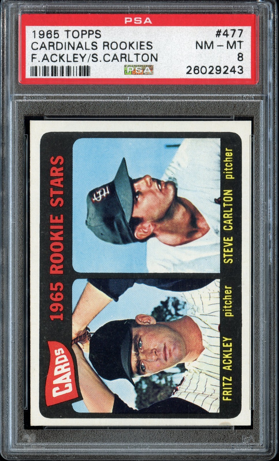 1965 TOPPS #477 STEVE CARLTON RC HOF PSA 8 NM-MT