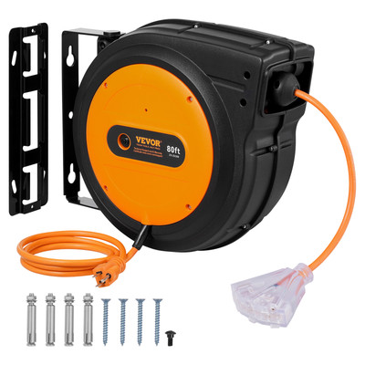 VEVOR Retractable Extension Cord Reel Power Cord Reel 80FT 12AWG/3C SJTOW