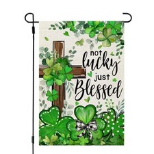 St Patricks Day Garden Flag Shamrocks Clover Cross Blessed 12x18 Inch Double