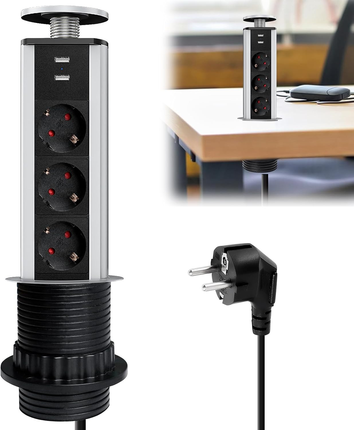 Multiprise Escamotable Plan de Travail 3 Prises avec 2 Ports USB Diamètre 60mm