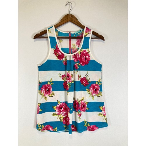 Floral Stripe P.S. Kate Women Small Blue Pink Racerback Zip Tank Top