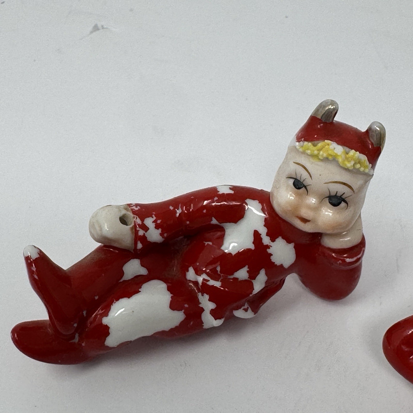 Set of 2 Vintage Japan Pixie Elves Red Devil Pitchfork Ceramic Mini Figurines