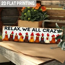 Funny Farmhouse Rooster Metal Sign RELAX WE ALL CRAZY Rustic Country Wall Decor