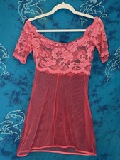 Victoria  s Secret 1998 Y2K Sheer Net Coral Stretch Lace Lingerie Babydoll Gown S