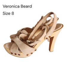 Veronica Beard Lamont Platform Ankle Strap Sandals Suede Wood Heel Studs Size 8