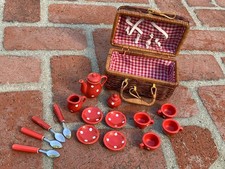 Vtg Toy Tea Set Doll   Red polka-dot Picnic Wicker Basket miniature MCM German