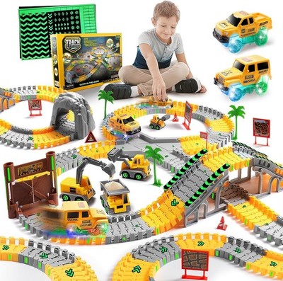 DIY Construction Track Set for Kids 3-9 with Light Up Cars and Accessories