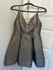 Fashion Nova Metallic Black Silver Satin V-Neck Fit & Flare Mini Dress L