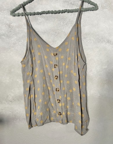 Paper Crane Flowy Loose Fit Spaghetti Strap Tank Gray Gold Print Small Blouse