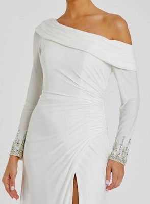 NWT Mac Duggal Beaded Cuff Drop Shoulder Faux Wrap Gown white Sz 10 Store Model