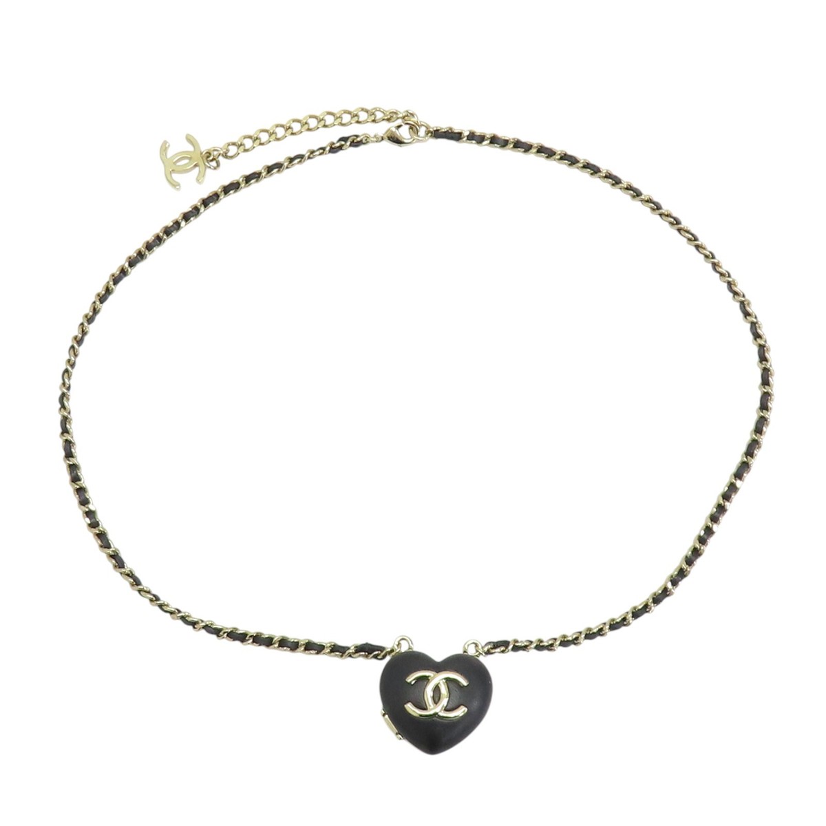 CHANEL CC Heart Mirror Locket Necklace Gold Metal Black Leather | eBay