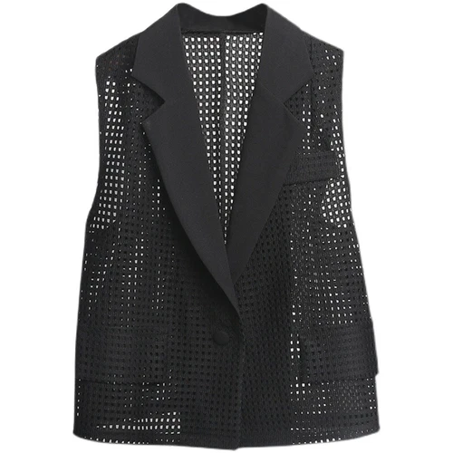 Lady Hollow Out Mesh Gilet Vest Loose Lapel Sleeveless Waistcoat Jacket Tops - Foto 4 di 17