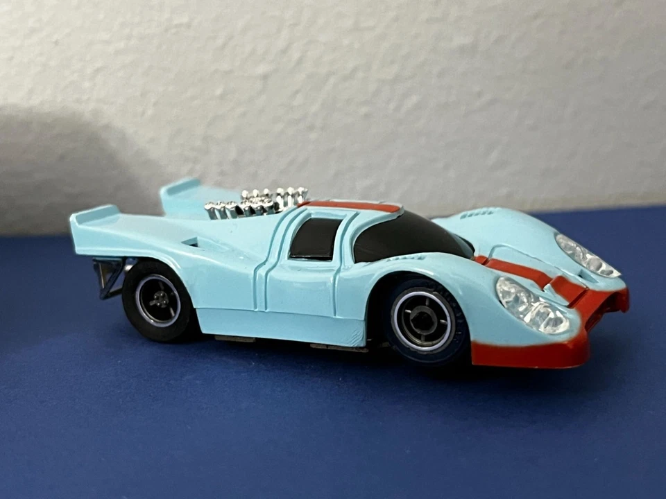Vintage Tyco Pro Gulf Porsche 917 Slot Race Car HO Blue Orange W/O Decals IN BOX - Image 3 of 4