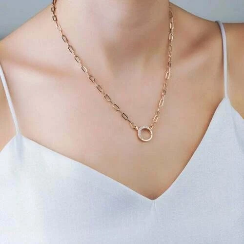 Modern Circle Lock Pendant 18 Paperclip Chain Necklace in 18K