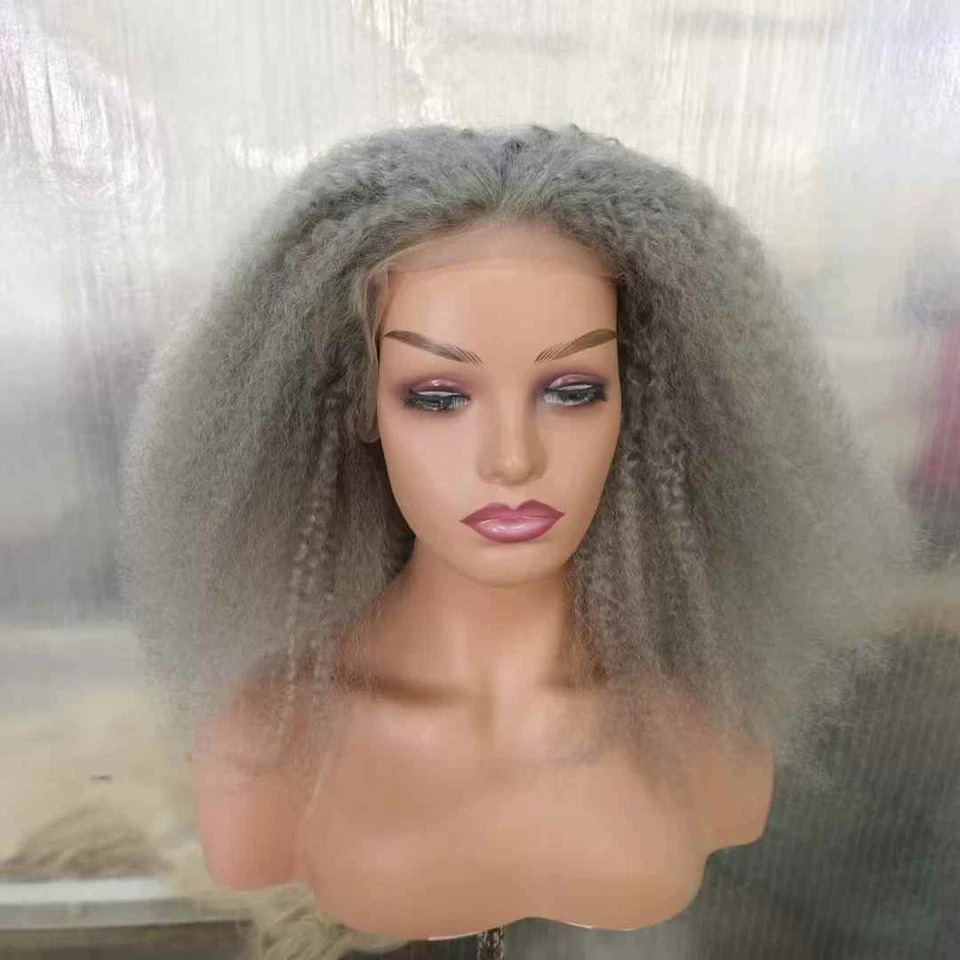 Pelucas de cabello 100 % humano cabello gris yaki rizado liso 13x4 pelucas delanteras de encaje 18 pulgadas Foto 2 de 4