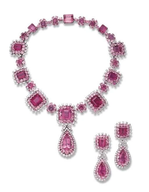 Lab Grown Pink Tourmaline Collar Necklace Earrings Set 925 Silver