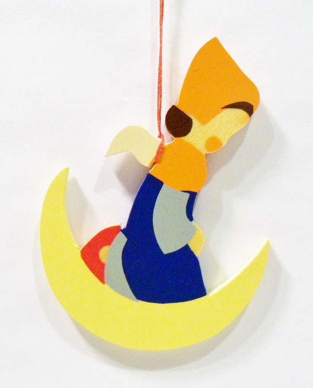 Erzgebirge Germany Angel Girl on Crescent Moon Wooden Wood Fretwork Ornament 