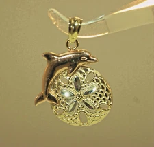 16.5MM HAWAIIAN TRICOLOR SOLID 14K YELLOW ROSE GOLD SAND DOLLAR DOLPHIN PENDANT
