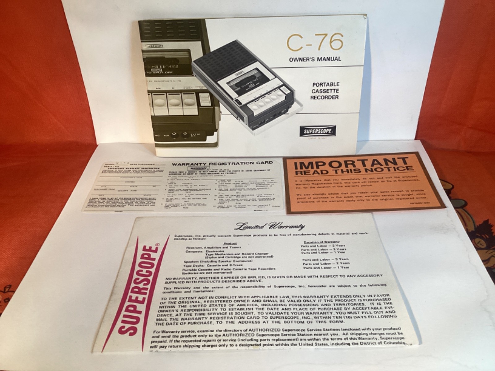 MARANTZ SUPERSCOPE C-76 PORTABLE CASSETTE RECORDER OWNERS MANUAL PAPER LOT ORIGI