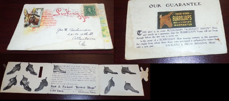 ANTIQUE VTG 1907 3X FOLD ADVERTISING POST CARD DONKEY MENS SHOES FRANKLIN STAMP