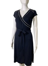 Loft Rayon Stretch Navy White Trim Cross Wrap Waist Tie Fit & Flare Dress Sz 0