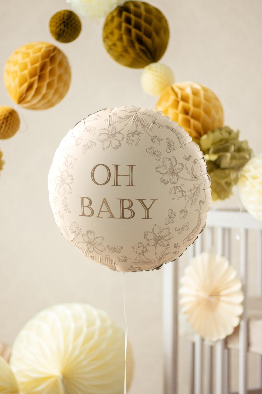 Oh Baby Balloon - Cream, Gold & Floral Round Foil Baby Shower Balloon