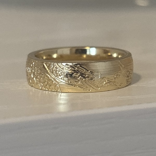 Alternate view of New Engraved Dragon Phoenix Motif Ring Strength, Rebirth Size Gold Plated