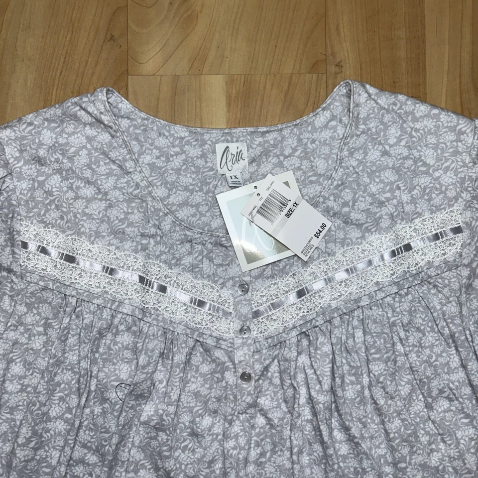 Camisón Aria Mujer 1X Manga Larga Cuello Barco Gris Blanco Floral Nuevo Foto 3 de 4