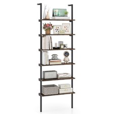 COSTWAY 6-Tier Ladder Shelf Wall Mounted Bookshelf with Metal Frame-Coffee