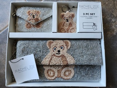 RACHEL ZOE Beaded TEDDY BEAR HandBag w/Chain, Card Case & Bag Charm 3 Pc Set New