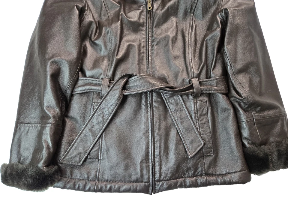 Pelle Studio Faux Fur Dark Brown Leather Hooded Belted Jacket Womens Small S - Image 4 of 4