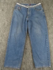 Vintage Tommy Hilfiger Jeans 36x30 Blue Baggy Spell Out Waistband Wide 90s Y2K