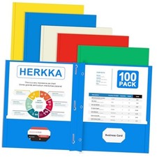 Two Pocket Folder, 100 Pack 2 Pocket Folders with Prongs, Business Card Slots