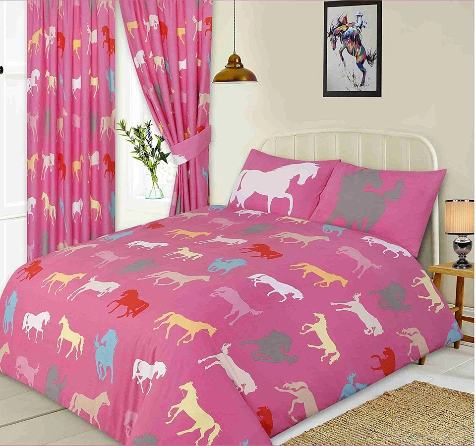 MY HOME KING SIZE DUVET COVER SET HORSES PONY CERISE PINK WHITE YELLOW GREY TEAL