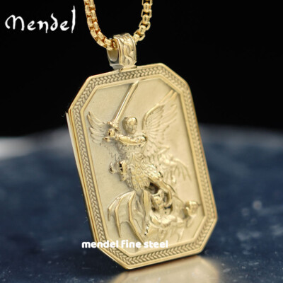 #ad MENDEL Gold Mens St Saint Michael Archangel Medal Medallion Pendant Necklace Men $18.99
