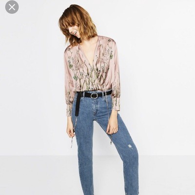 Zara Pink Satin Floral Body Suit Size SMALL | eBay