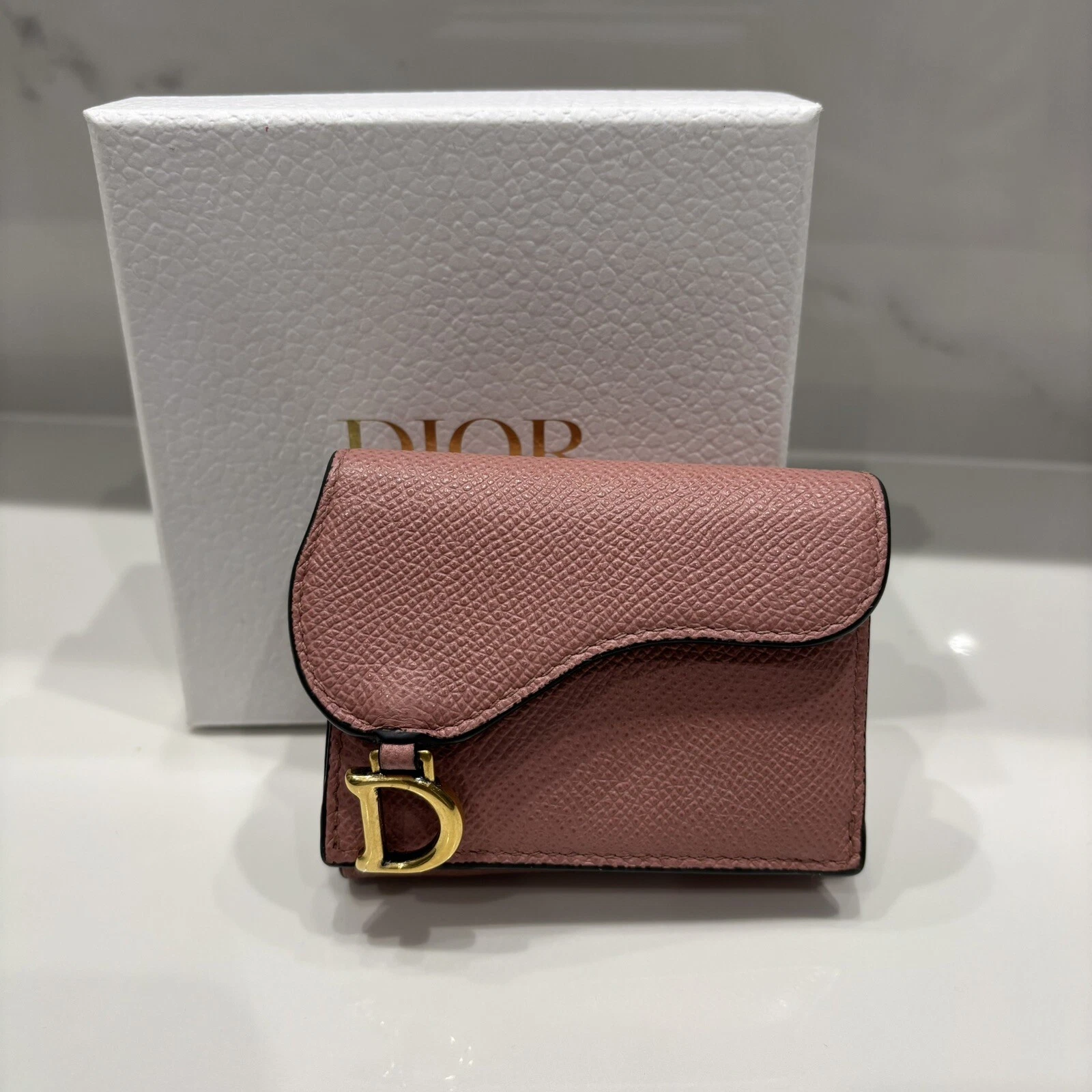 Christian Dior Portefeuille Tri Fold Compact Sac à Main Selle Breloque Cuir Rose Authentique
