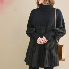 Women Pleated Splice Knit Sweater Pullover Top Puff Raglan Sleeve High Neck