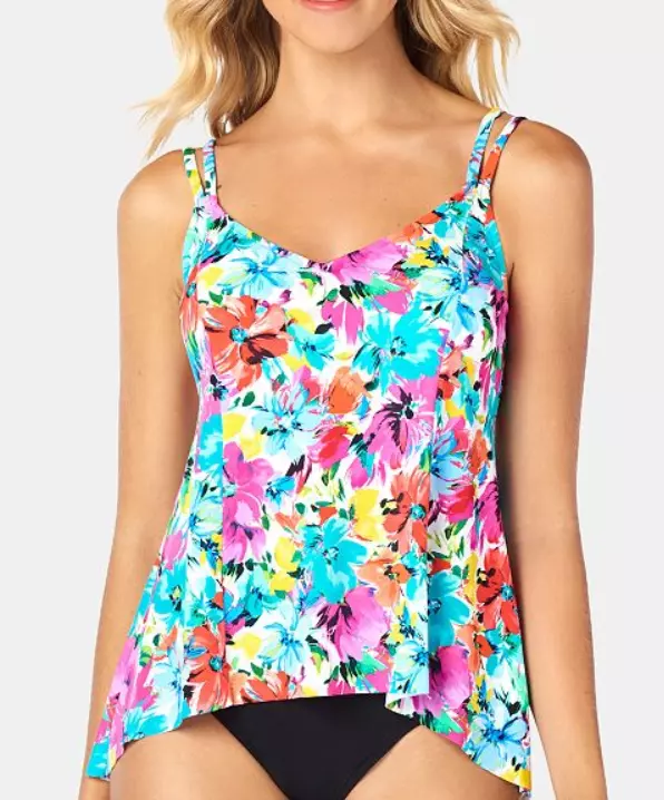 Swim Solutions Printed Princess-Seam High-Low Tankini Top