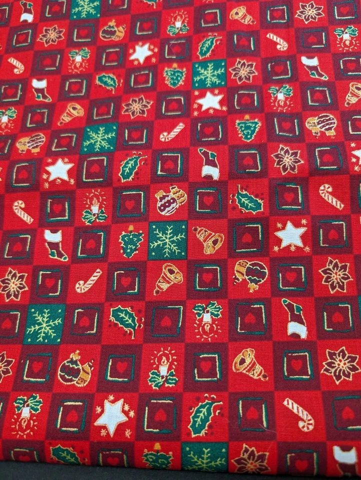 Red Green Gold Checkered Christmas Print Fabric Holiday Print 5 Yards Cotton - Image 3 of 4