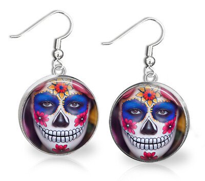 Sugar Skull Dia De Los Muertos Dangle Earrings Glass Dome Top 2 Sizes Handmade