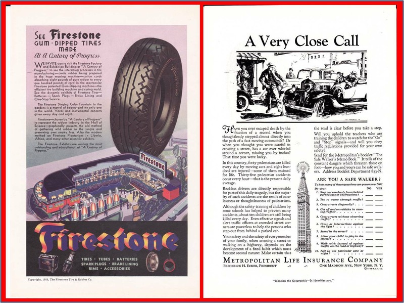 1933 Chicago World's Fair Firestone Tires - Metropolitan Life Insurance Print Ad