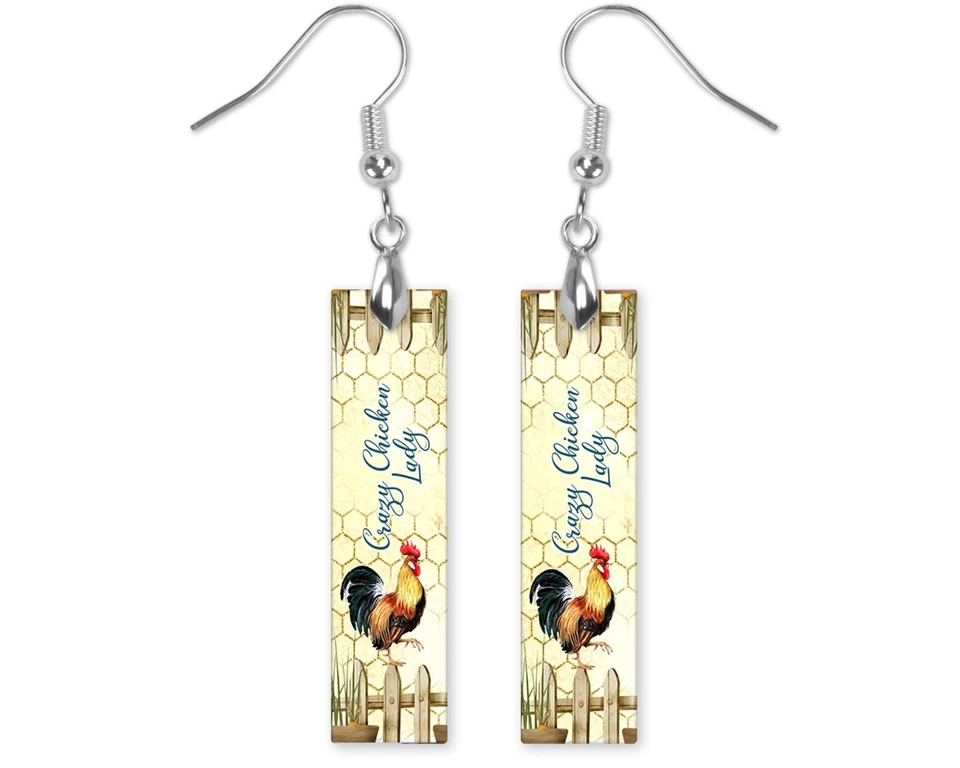 Western Crazy Chicken Lady Dangle Wood Bar Printed Earrings Jewelry - Image 3 of 3