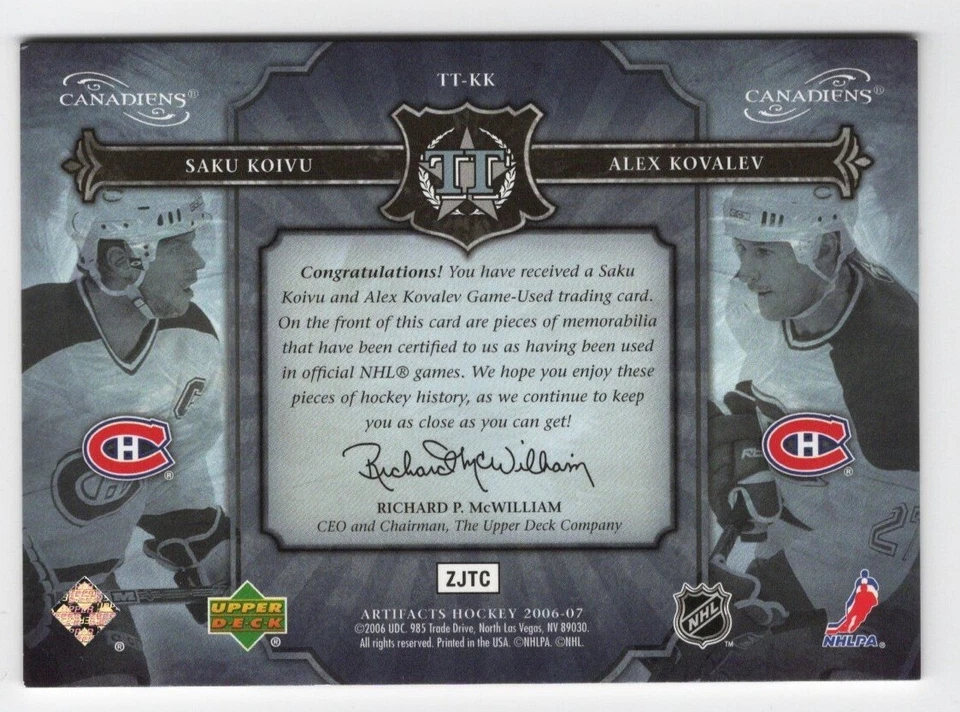 2006-07 Artifacts Tundra Tandems Dual Jersey Red Saku Koivu & Alex Kovalev 06/50 - Image 2 of 2