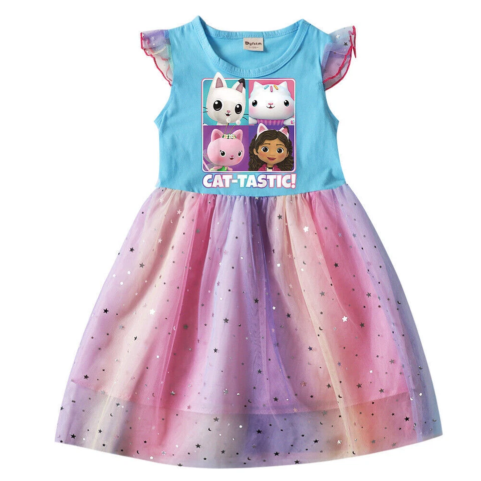 Children's Girl Cartoon Character Rainbow Mesh Dress Princess T-shirt Tutu Dress - Image 3 of 4