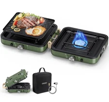 2-Burner Foldable Camping Stove with Griddle (Textured & Smooth) and Carrying Ba